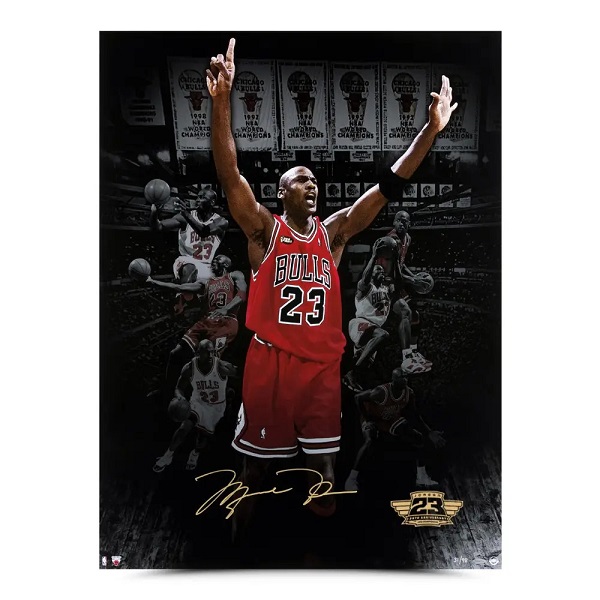 Michael Jordan Autographed “6 Banners 25th Anniversary 1998 Championship Logo” 30x40