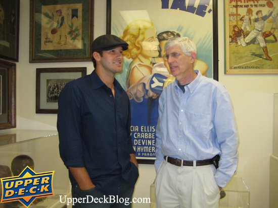 saturday-10 Tony Romo listens to Gary Cypres talk about some of the amazing collection he has amassed at the Sports Museum Los Angeles.