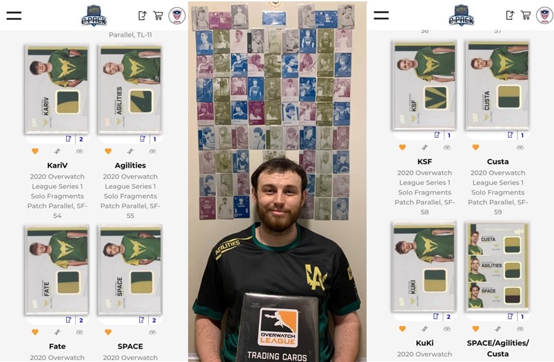 Collector Mason and his Overwatch League trading cards Printing Plate cards, plus some of his Los Angeles Valiant fragment cards