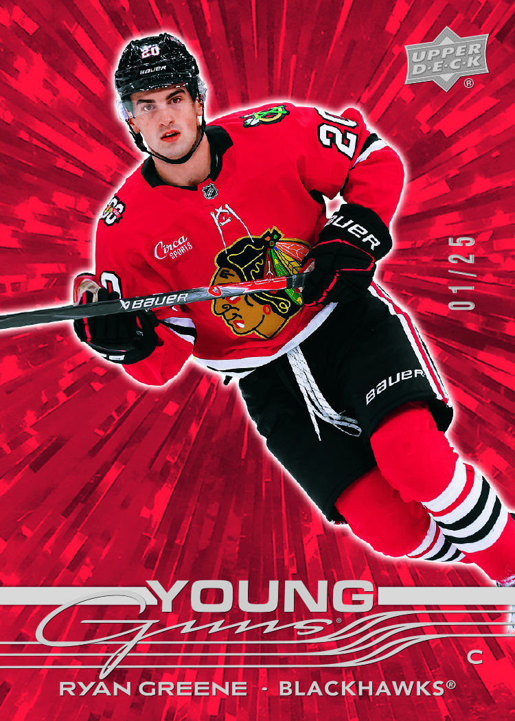 Young Guns Outburst Red featuring Ryan Greene in 2025-26 Upper Deck Series 2