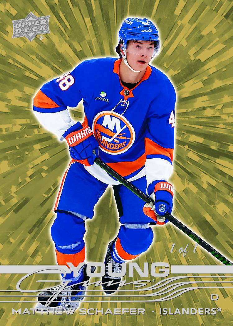 Young Guns Gold Outburst featuring Matthew Schaefer in 2025-26 Upper Deck Series 2