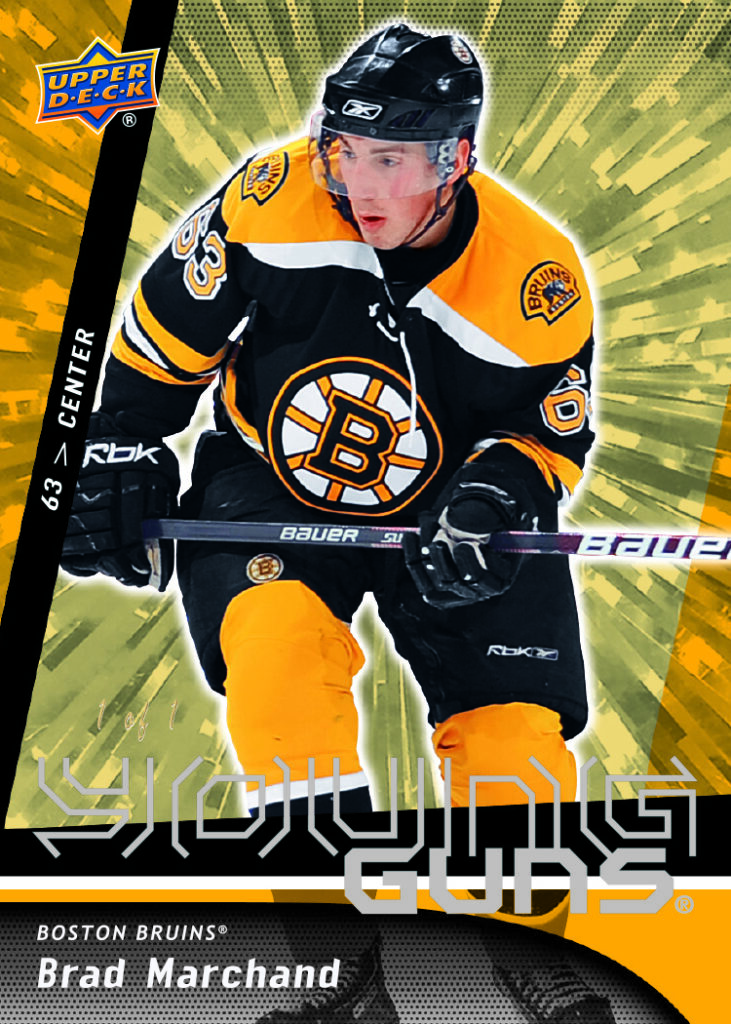 Retro Young Guns Gold Outburst featuring Brad Marchand in 2025-26 Upper Deck Series 2