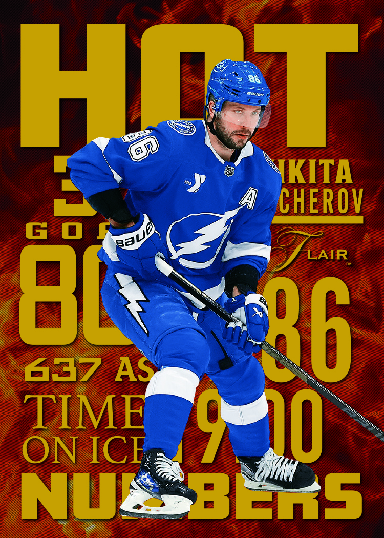 Hot Numbers Card featuring Nikita Kucherov in 2025-26 Flair Hockey