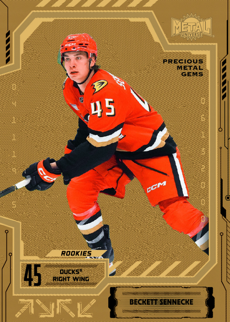 Gold Precious Metal Gems Card featuring Beckett Sennecke in 2025-26 Skybox Metal Universe Hockey