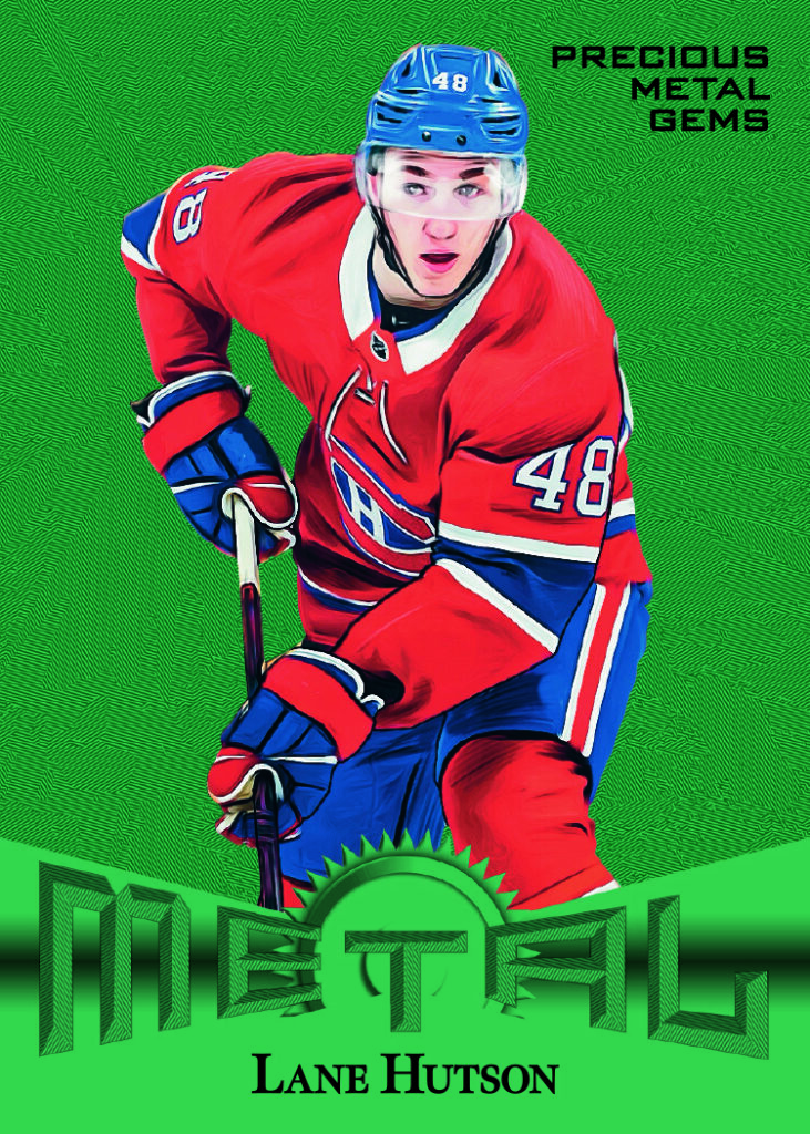 Green Precious Metal Gems Metal Universe Retros Card featuring Lane Hutson in 2025-26 Skybox Metal Universe Hockey