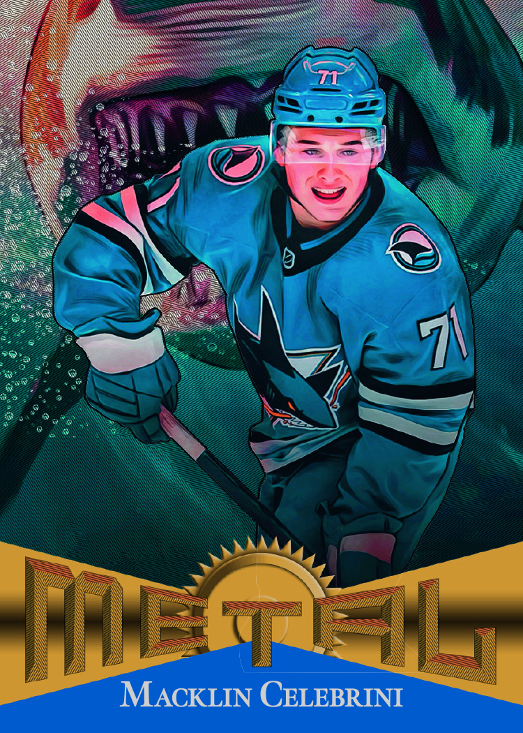 Metal Universe Retros Card featuring Macklin Celebrini in 2025-26 Skybox Metal Universe Hockey
