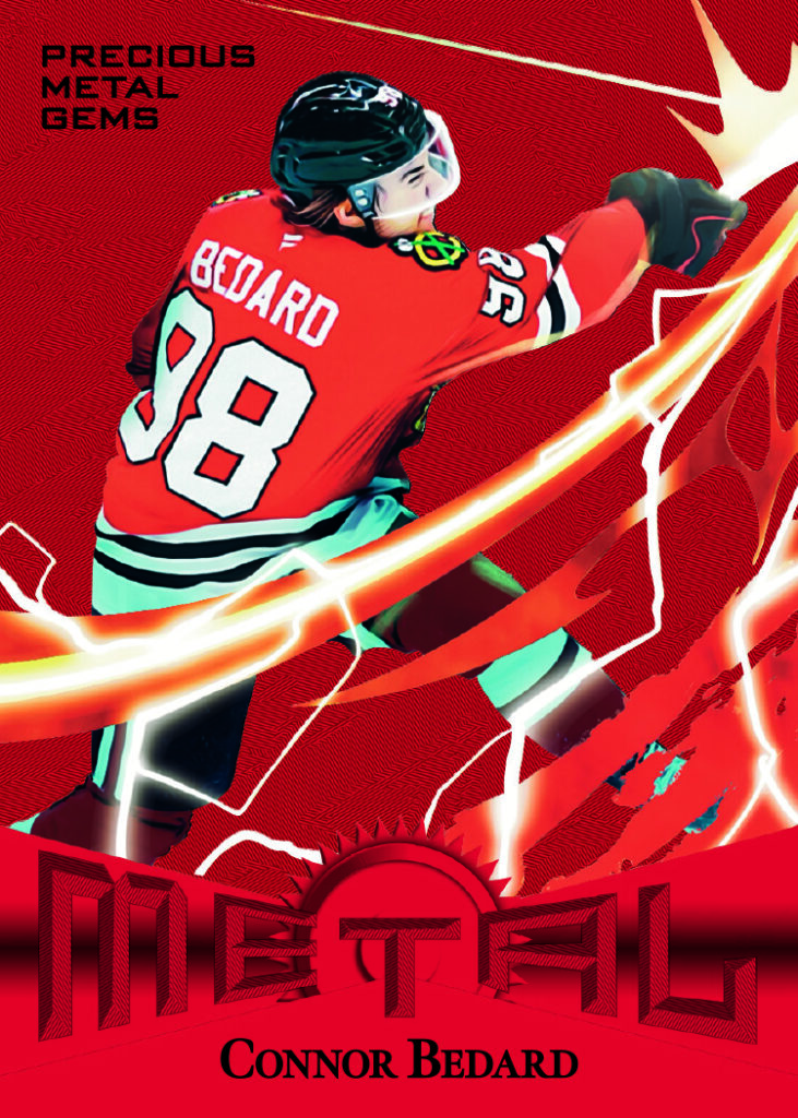 Red PMG Metal Universe Retros Card featuring Connor Bedard in 2025-26 Skybox Metal Universe Hockey