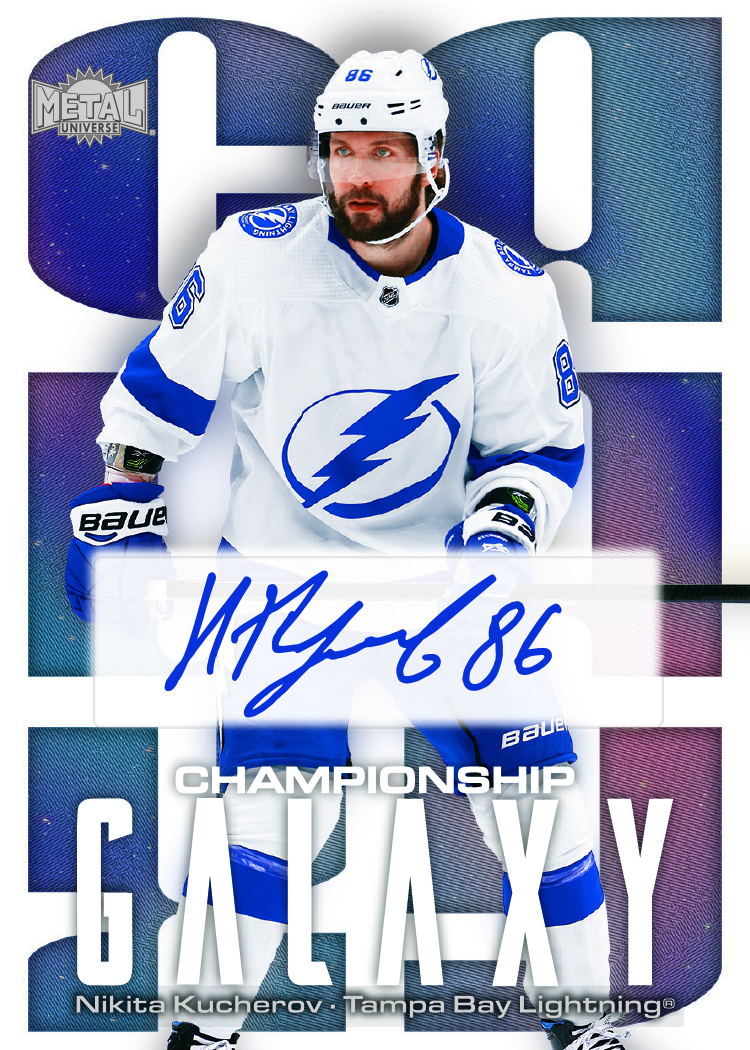Championship Galaxy Autograph Card featuring Nikita Kucherov in 2025-26 Skybox Metal Universe Hockey