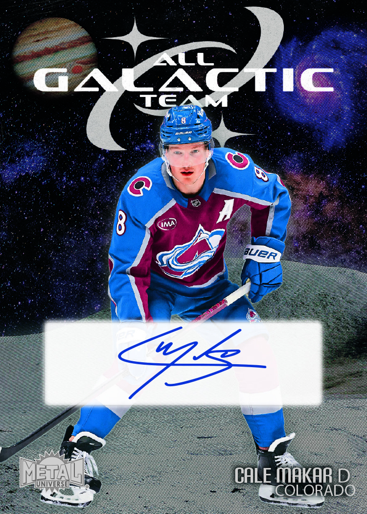 All Galactic Team Autograph Card featuring Cale Makar in 2025-26 Skybox Metal Universe Hockey