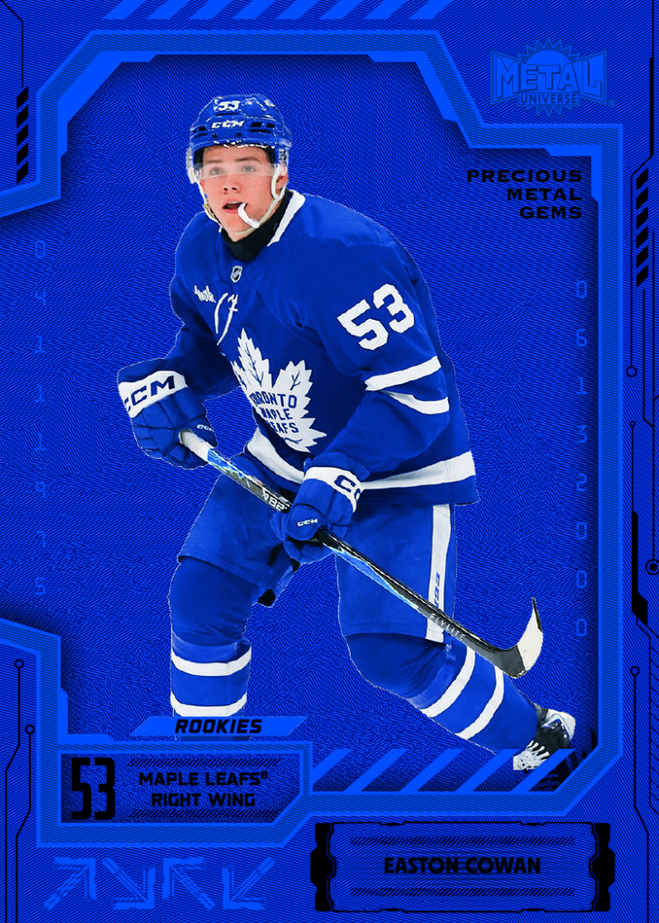 Blue Precious Metal Gems Card featuring Easton Cowan in 2025-26 Skybox Metal Universe Hockey
