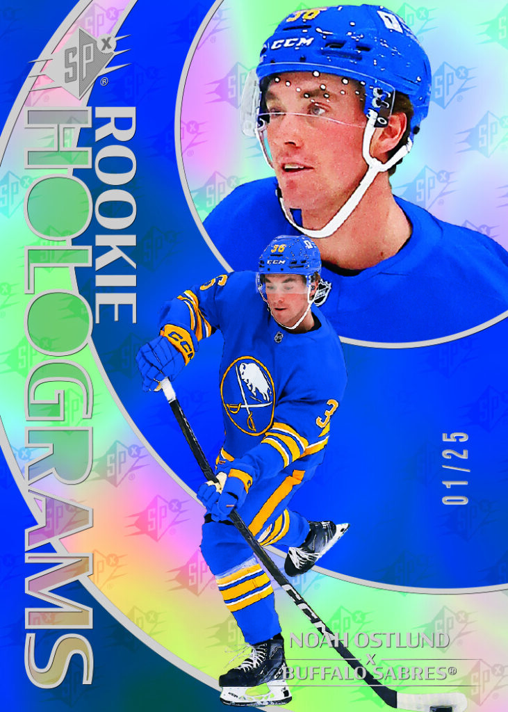 Rookie Holograms Blue Card featuring Noah Ostlund in 2025-26 SPx Hockey