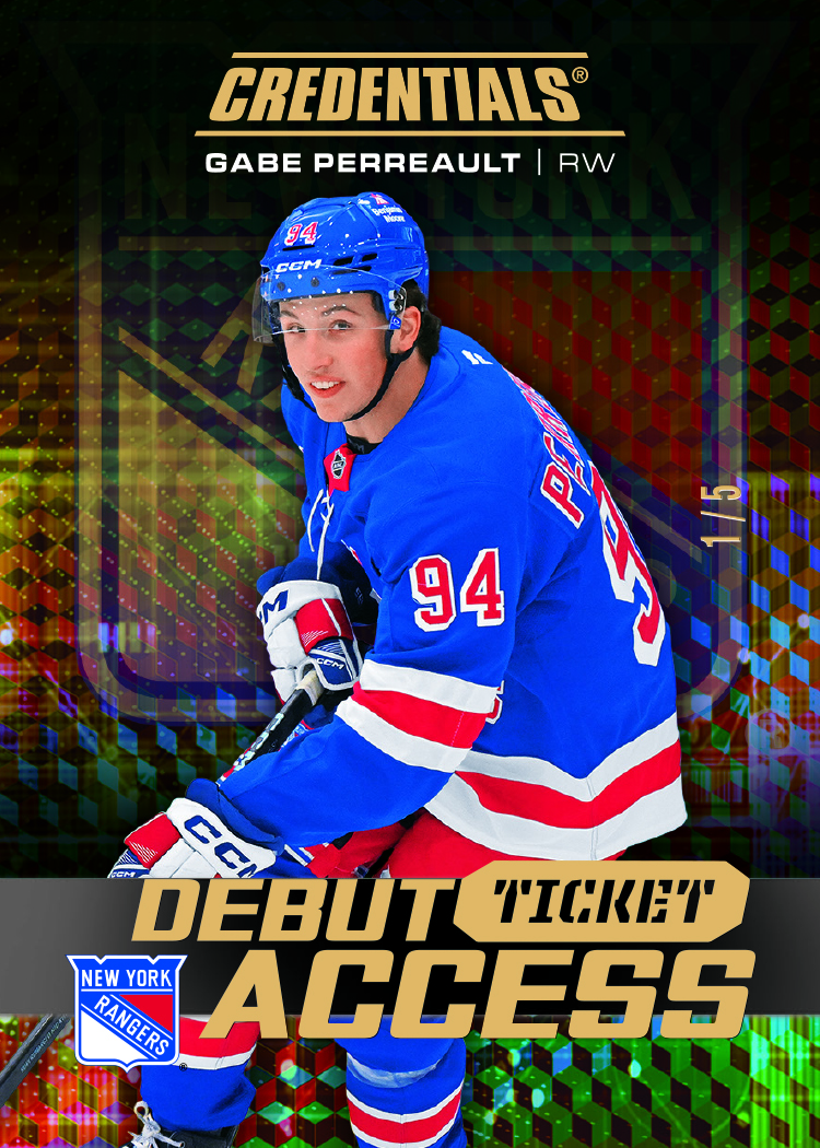 Debut Ticket Access Gold Card featuring Gabe Perreault in 2025-26 Credentials Hockey