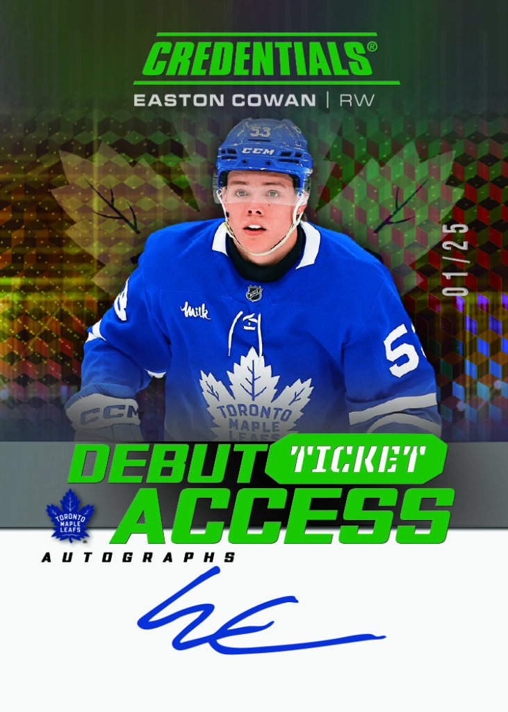Debut Ticket Access Autograph Green Card featuring Easton Cowan in 2025-26 Credentials Hockey