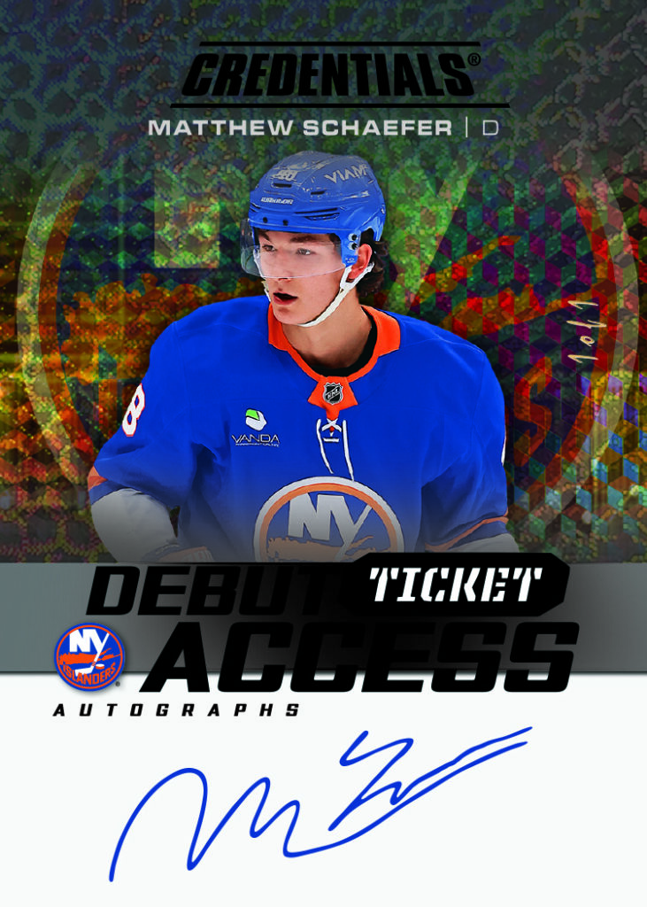 Debut Ticket Access Autograph Black Card featuring Matthew Schaefer in 2025-26 Credentials Hockey