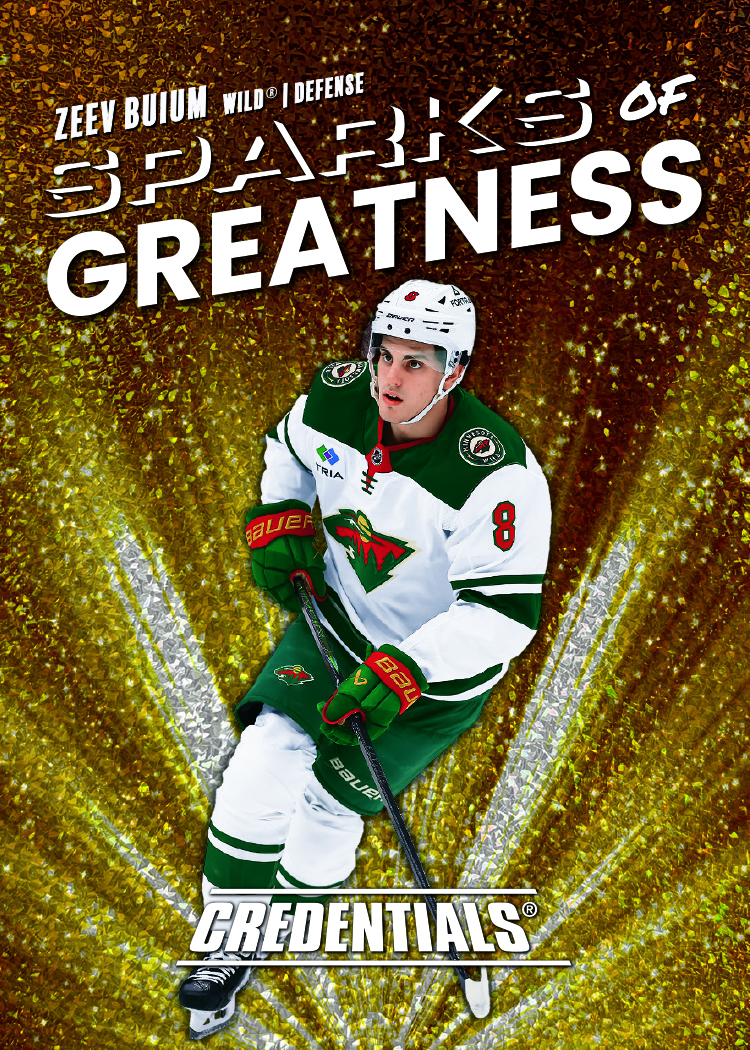 Sparks of Greatness Card featuring Zeev Buium in 2025-26 Credentials Hockey