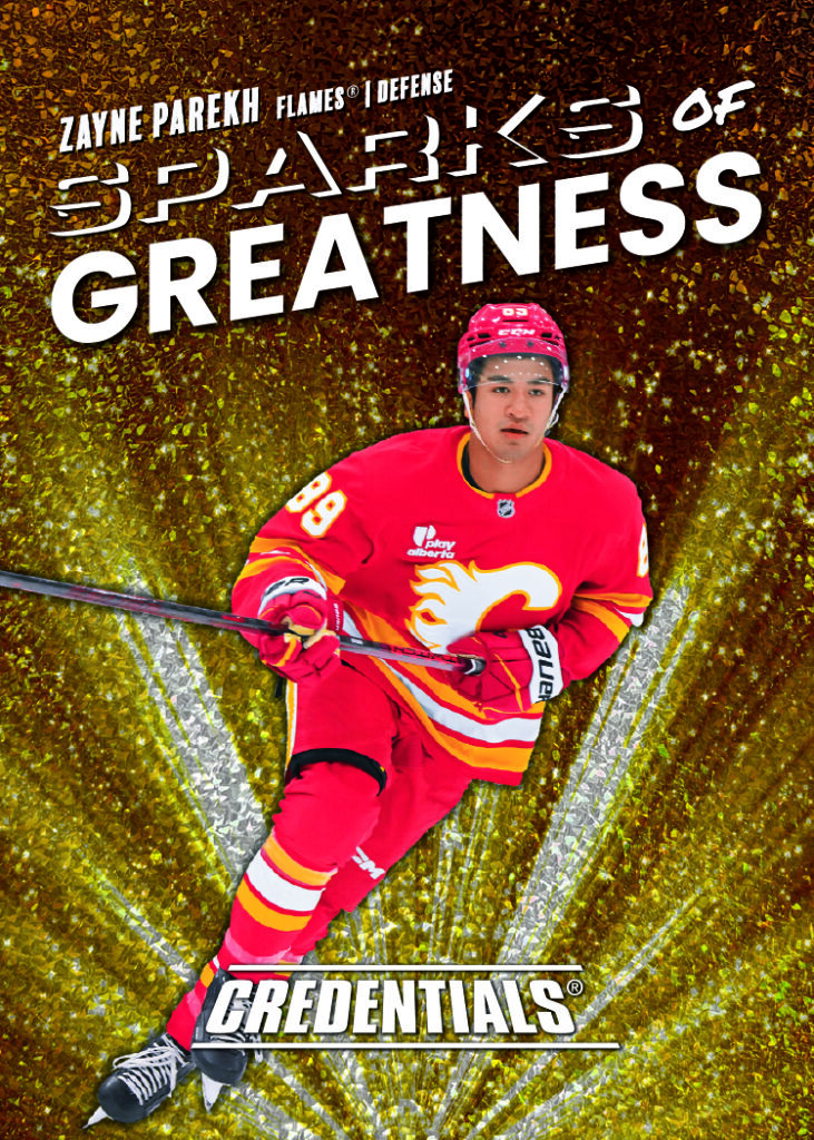 Sparks of Greatness Card featuring Zayne Parekh in 2025-26 Credentials Hockey
