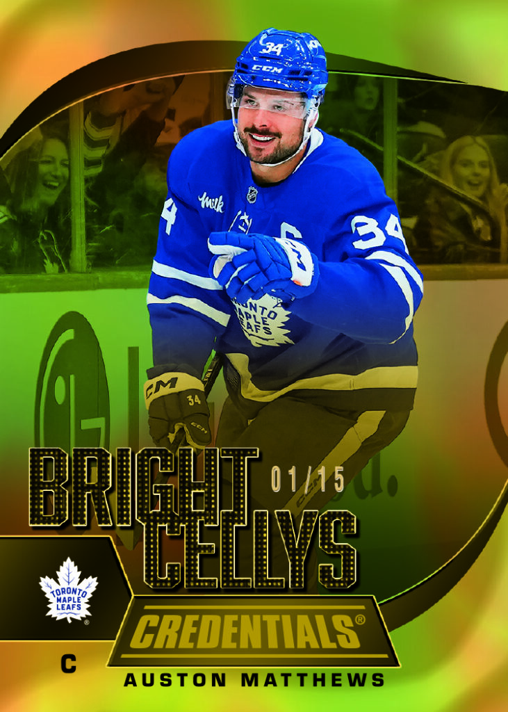 Bright Cellys Gold Card featuring Auston Matthews in 2025-26 Credentials Hockey