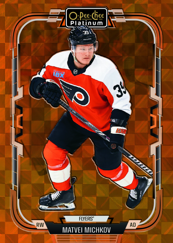 Base Set Orange Checkers Card featuring Matvei Michkov in 2025-26 O-Pee-Chee Platinum