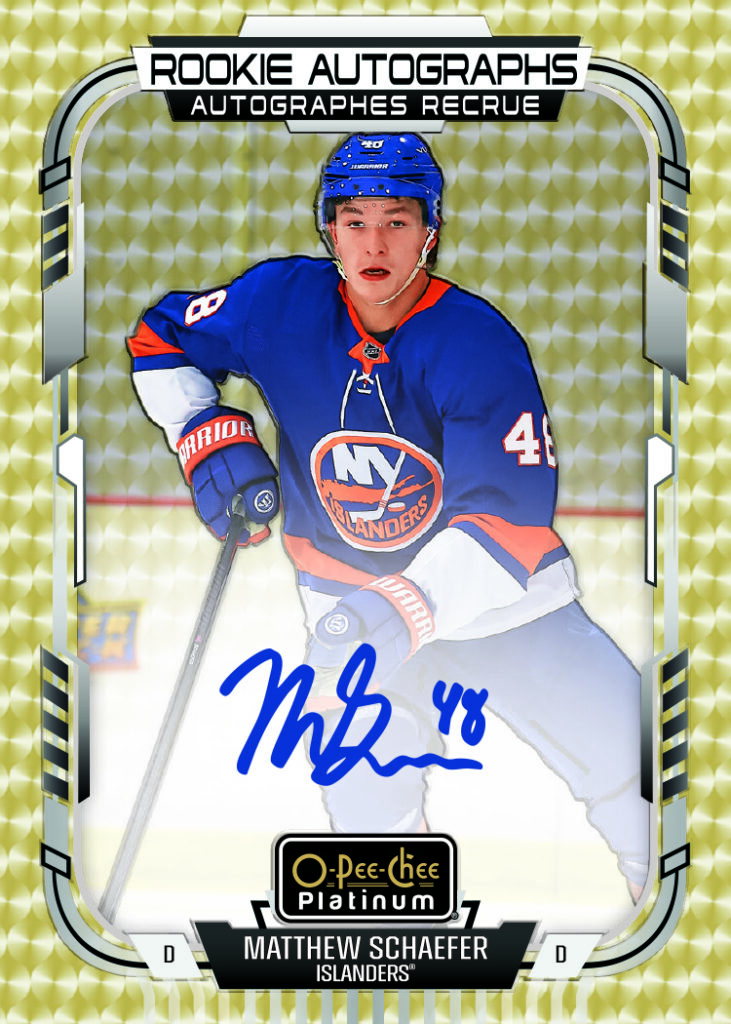 Rookie Autographs Golden Treasures Card featuring Matthew Schaefer in 2025-26 O-Pee-Chee Platinum