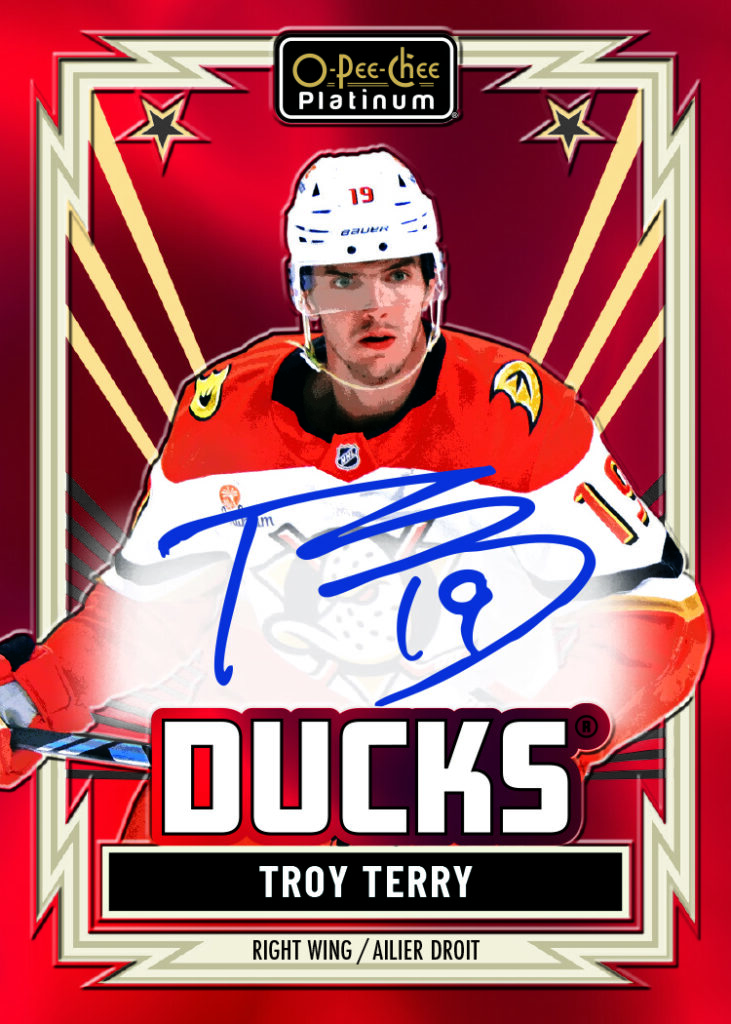 Retro Red Auto Card featuring Troy Terry in 2025-26 O-Pee-Chee Platinum