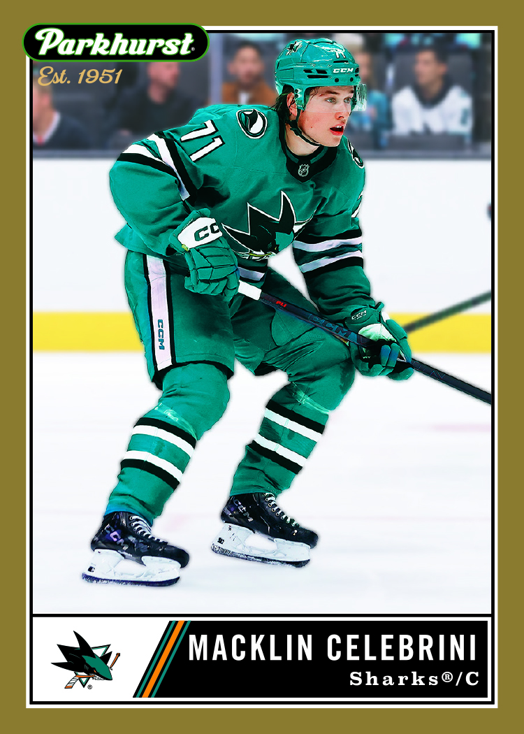 Est. 1951 Gold Spectrum Card featuring Macklin Celebrini in 2025-26 Parkhurst Hockey