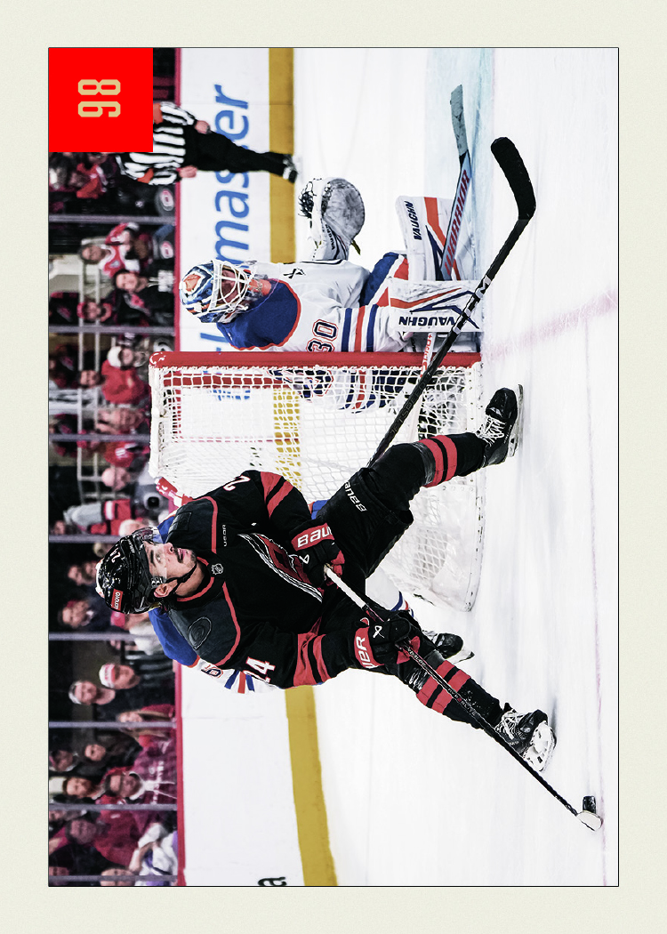 1954-55 Parkhurst Retros In Action Card featuring Seth Jarvis in 2025-26 Parkhurst Hockey