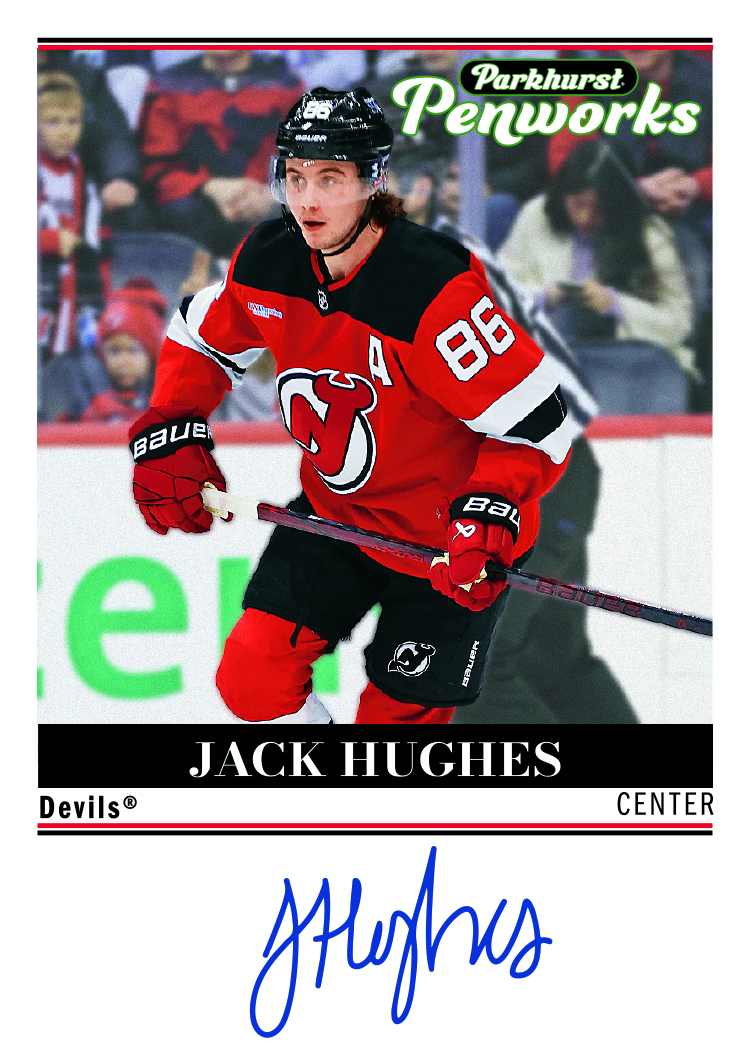Parkhurst Penworks Card featuring Jack Hughes in 2025-26 Parkhurst Hockey
