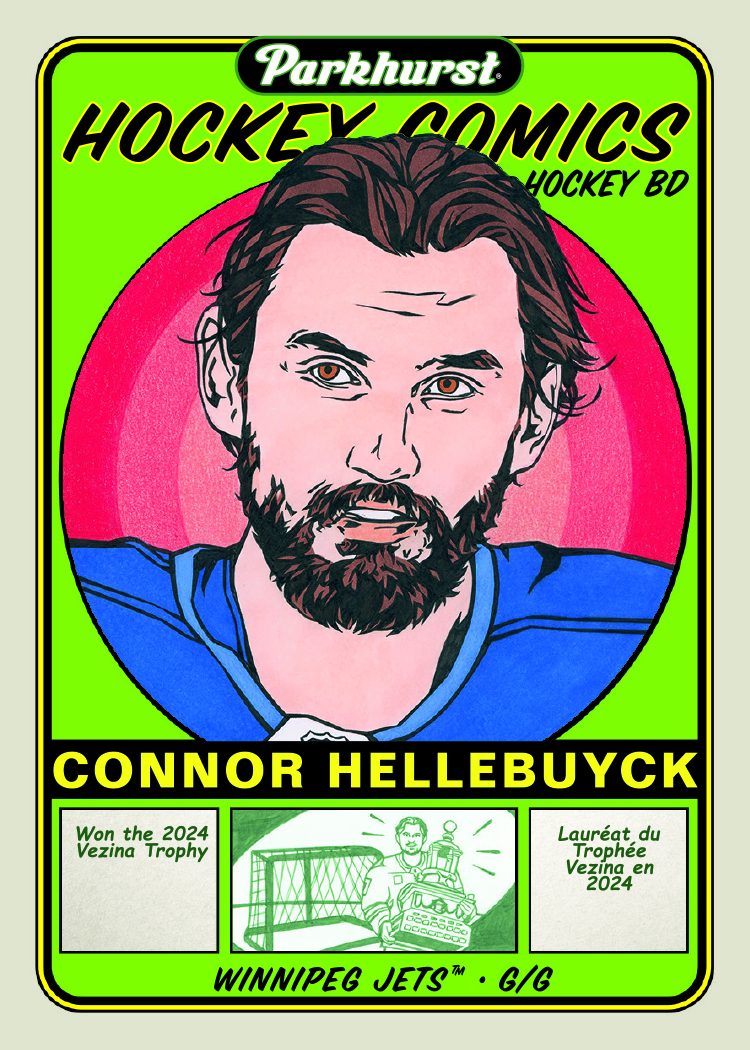 Parkhurst Hockey Comics Card featuring Connor Hellebuyck in 2025-26 Parkhurst Hockey