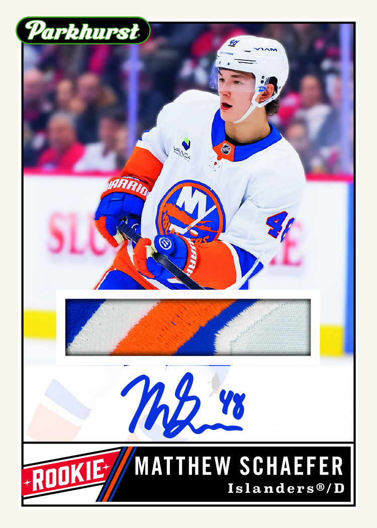 Auto Patch Rookie Card featuring Matthew Schaefer in 2025-26 Parkhurst Hockey