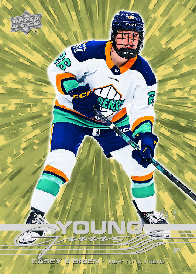 Young Guns Gold Outburst Card featuring Casey O'Brien in 2026 UD PWHL Hockey