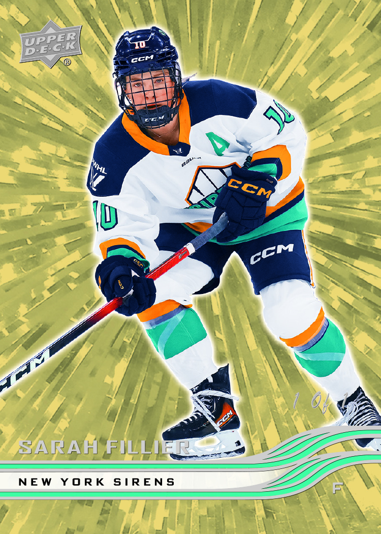 Gold 1/1 Outburst Card featuring Sarah Fillier in 2026 UD PWHL Hockey
